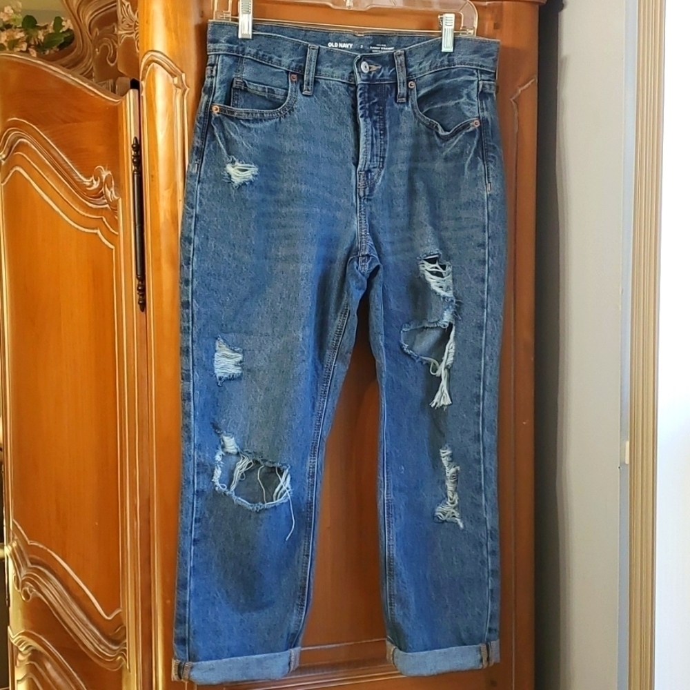 Old Navy, high-rise‎ destressed blue jeand size 2. Secret-slim pockets.